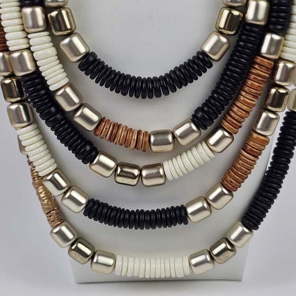 Statement Multistrand Beaded Necklace Black Brown Cream Gold Tone Magnetic Clasp - Picture 11 of 13